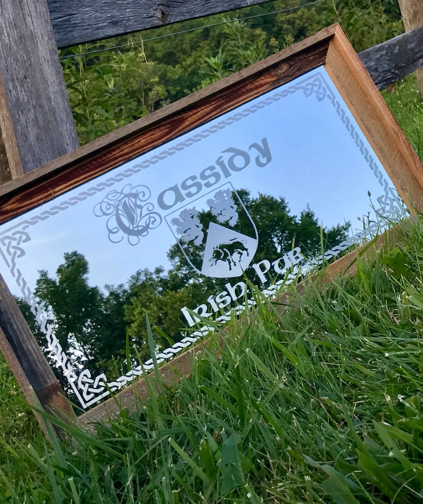Personalized Family Crest Coat of Arms Mirror in Barnwood Frame, Personalized Bar Mirror, Custom Engraved Mirror, barn wood mirror, 12x24