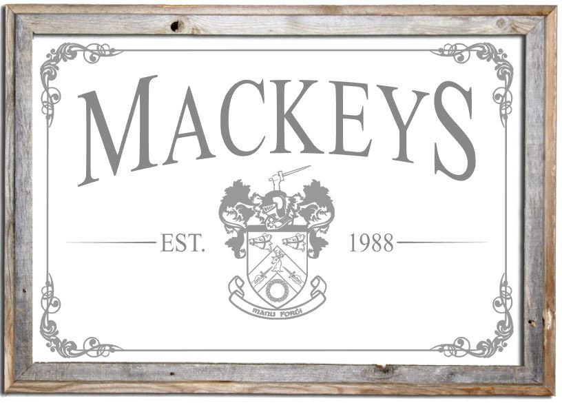 Personalized Family Crest Coat of Arms Mirror in Barnwood Frame, Personalized Bar Mirror, Custom Engraved Mirror, barn wood mirror, 12x24