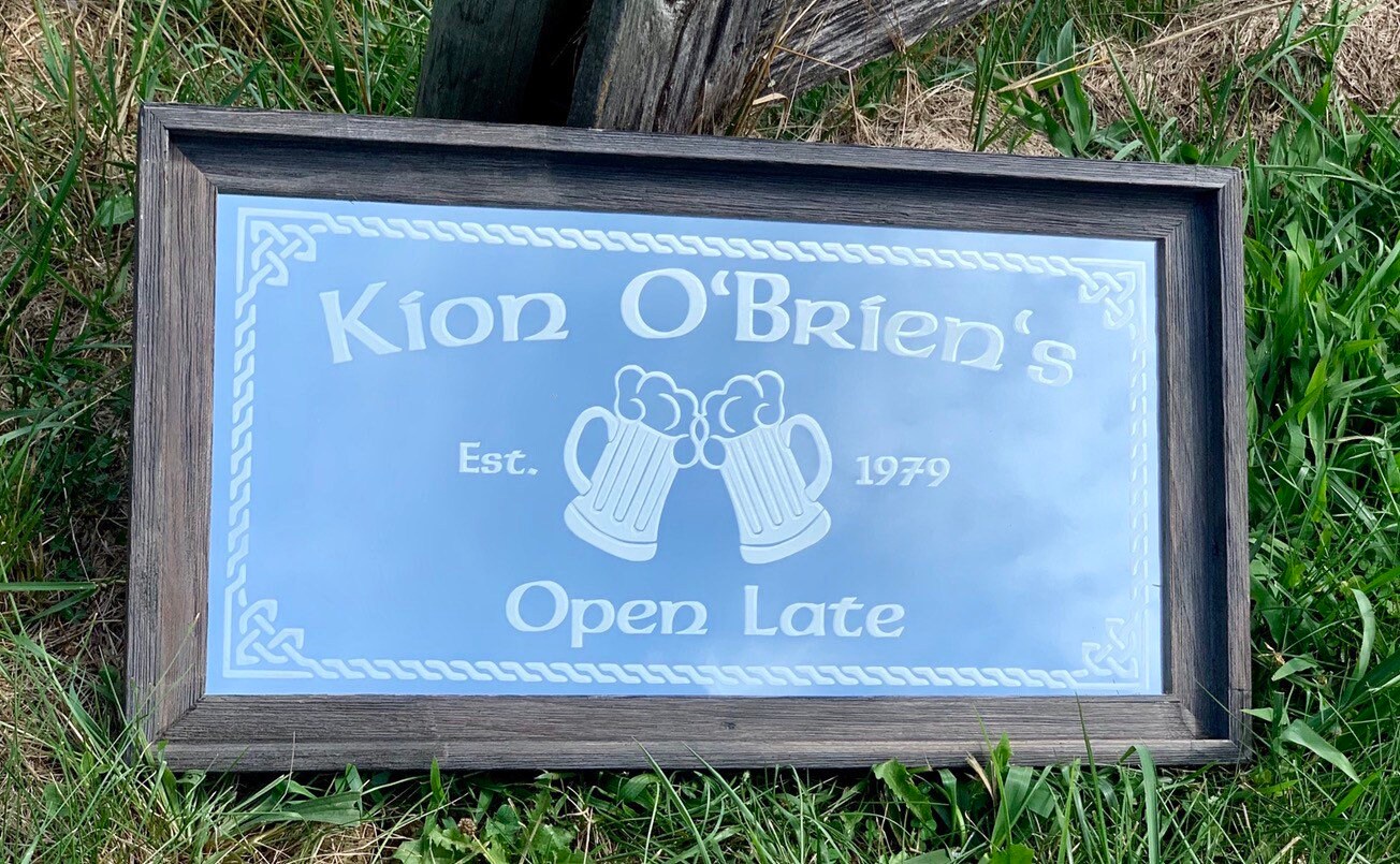 Personalized Celtic Bar Mirror in Barnwood Frame|Personalized Bar Mirror|Custom Engraved Mirror|Rustic Wall Mirror|Beer Mirror|12x24