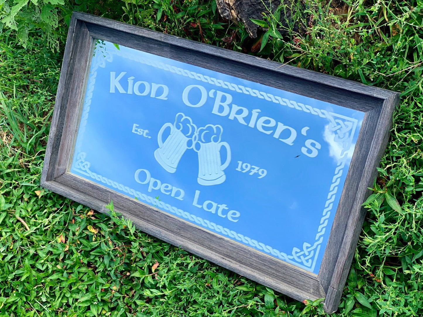 Personalized Celtic Bar Mirror in Barnwood Frame|Personalized Bar Mirror|Custom Engraved Mirror|Rustic Wall Mirror|Beer Mirror|12x24