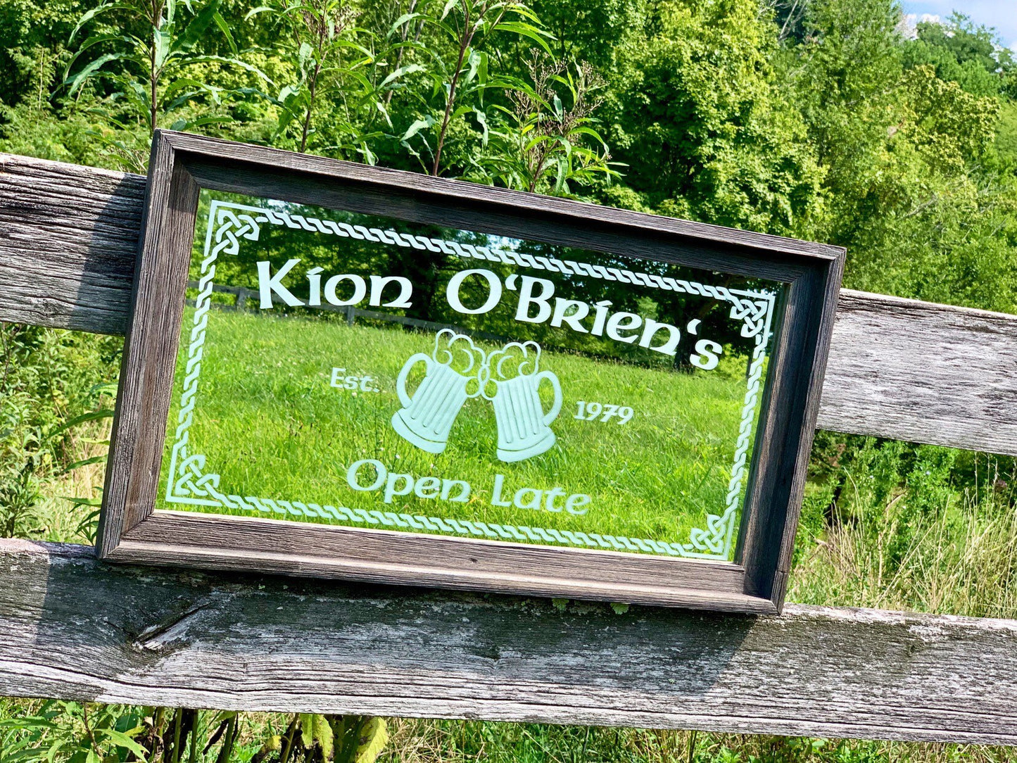 Personalized Celtic Bar Mirror in Barnwood Frame|Personalized Bar Mirror|Custom Engraved Mirror|Rustic Wall Mirror|Beer Mirror|12x24