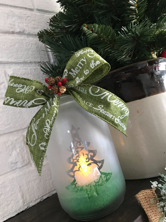 Etched Christmas Tree Mason Jar Candle Holder