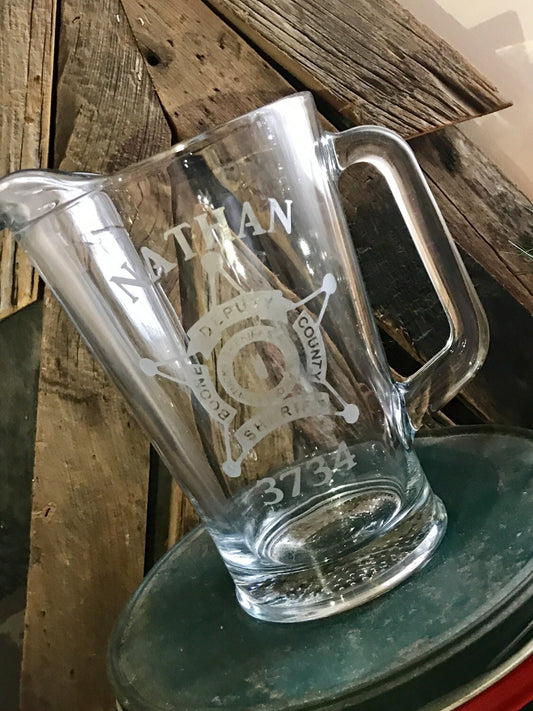 Custom Sherriff Badge Engraved Glass Pitcher|Retirement Gift|Law Enforcement Gift|Fire Department Gift|Monogrammed Glass Pitcher|Beer Gift