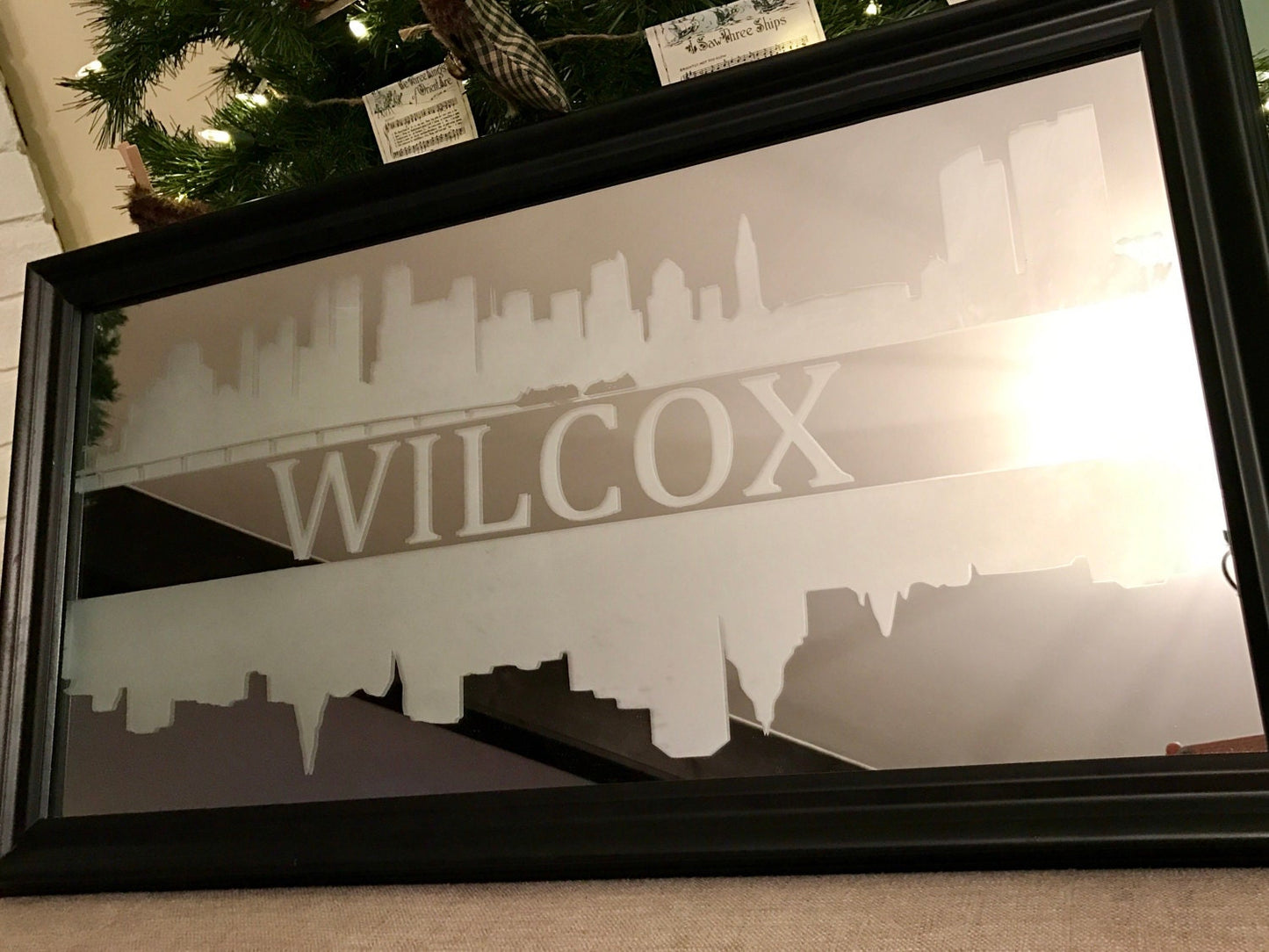 Custom Personalized City Skyline Mirror, Large Mirror, Personalized Bar Mirror, Custom Engraved Mirror, Black mirror, 18x36