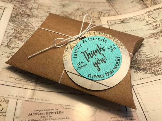 World Atlas Shower or Party Favor Kraft Pillow Boxes with Personalized Favor Tag