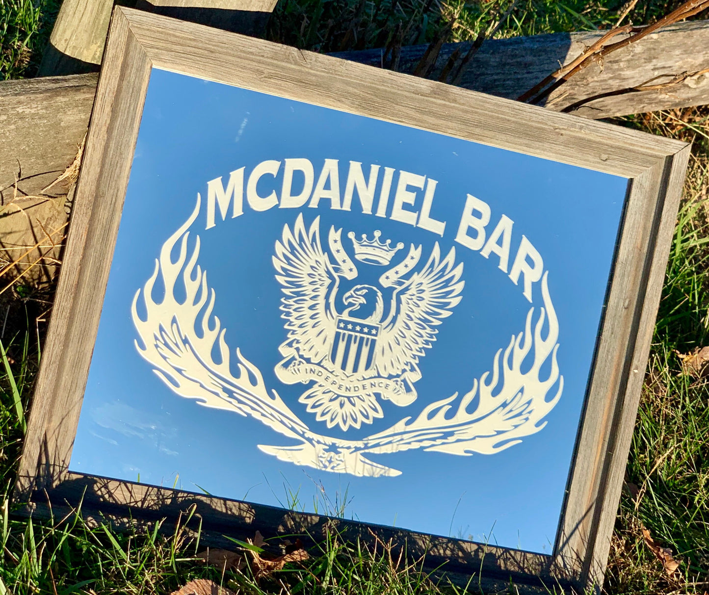 Custom Burning Eagle Barneood Framed Mirror|Large Bar Mirror|Personalized Bar Mirror|Custom Engraved Bar Mirror|16x20