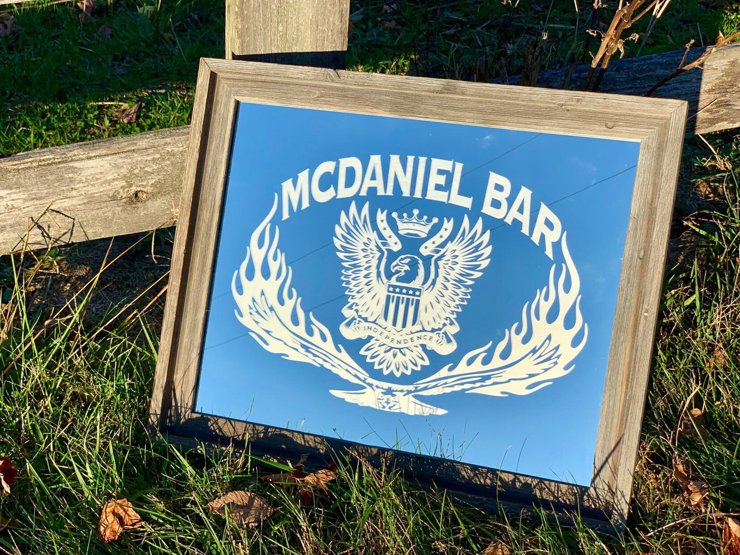 Custom Burning Eagle Barneood Framed Mirror|Large Bar Mirror|Personalized Bar Mirror|Custom Engraved Bar Mirror|16x20