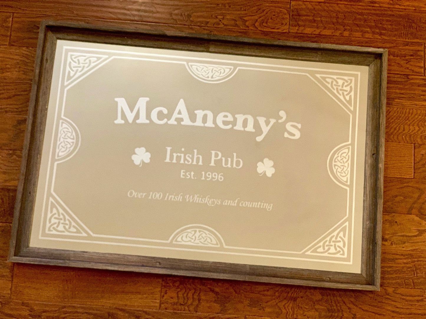 Personalized Irish Pub Mirror in Barnwood Frame|Personalized Bar Mirror|Custom Celtic Sign|Rustic Wall Mirror|Whiskey Sign|24x36