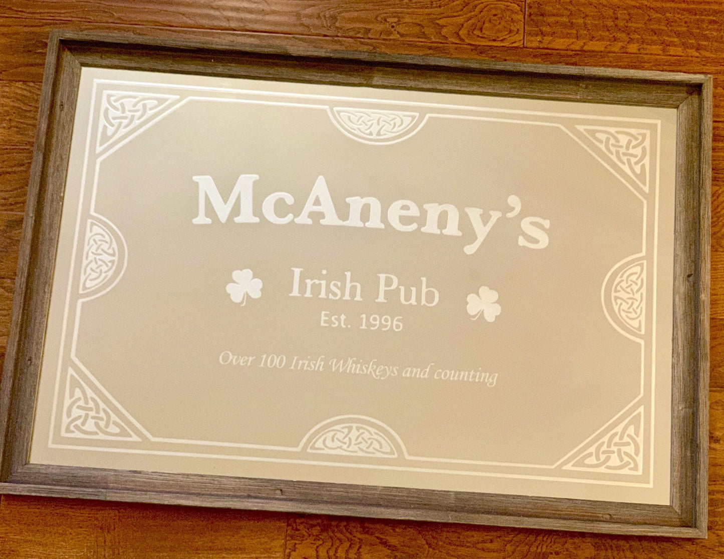 Personalized Irish Pub Mirror in Barnwood Frame|Personalized Bar Mirror|Custom Celtic Sign|Rustic Wall Mirror|Whiskey Sign|24x36