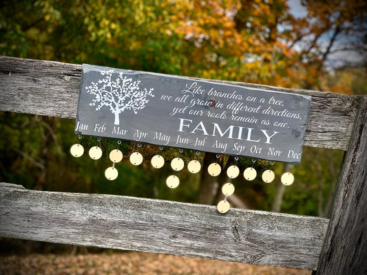 Personalized Grey Family Tree Celebration Wall Hanging|Family Birthday Board|Celebration Sign|Birthday Anniversary Calendar|7.25x24"