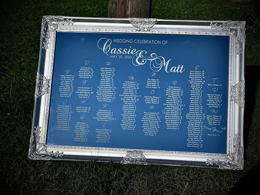 Wedding Seating Chart Mirror|Silver Seating Chart|Custom Wedding Mirror|Seating Chart Sign|Wedding Mirror|Hand Lettered Mirror|24x36 Silver