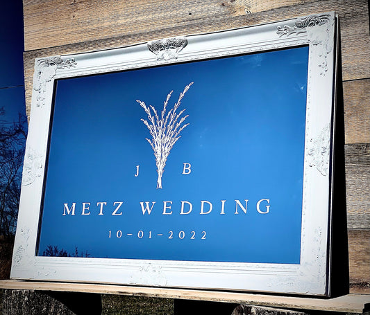 Wedding Logo Mirror|White Wedding Welcome|Custom Wedding Mirror|Wedding Mirror|Wedding Monogram Sign|24x36 White Ornate Frame