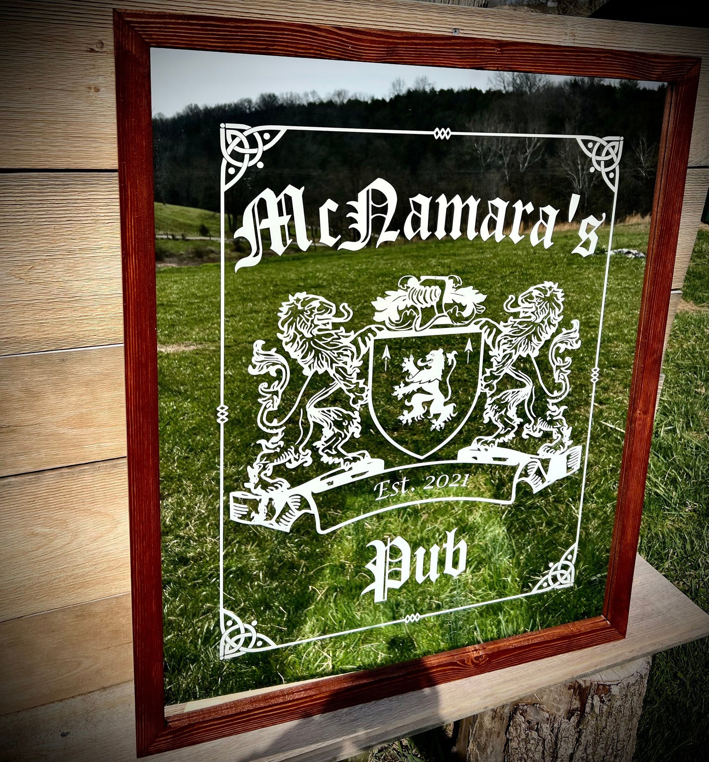 Personalized Family Crest Coat of Arms Mirror in Stained Frame|Personalized Bar Mirror|Custom Engraved Mirror|Vertical mirror|24x36