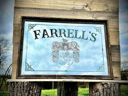 Personalized Family Crest Coat of Arms Mirror in Barnwood Frame|Personalized Bar Mirror|Custom Engraved Mirror|Barn Wood mirror|24x36