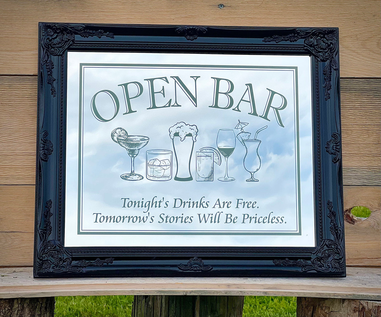 Custom Open Bar Mirror|Large Black Mirror|Ornate Wall Mirror|Custom Engraved Mirror|Etched Mirror|Home Bar Sign|16x20 Black Frame Mirror