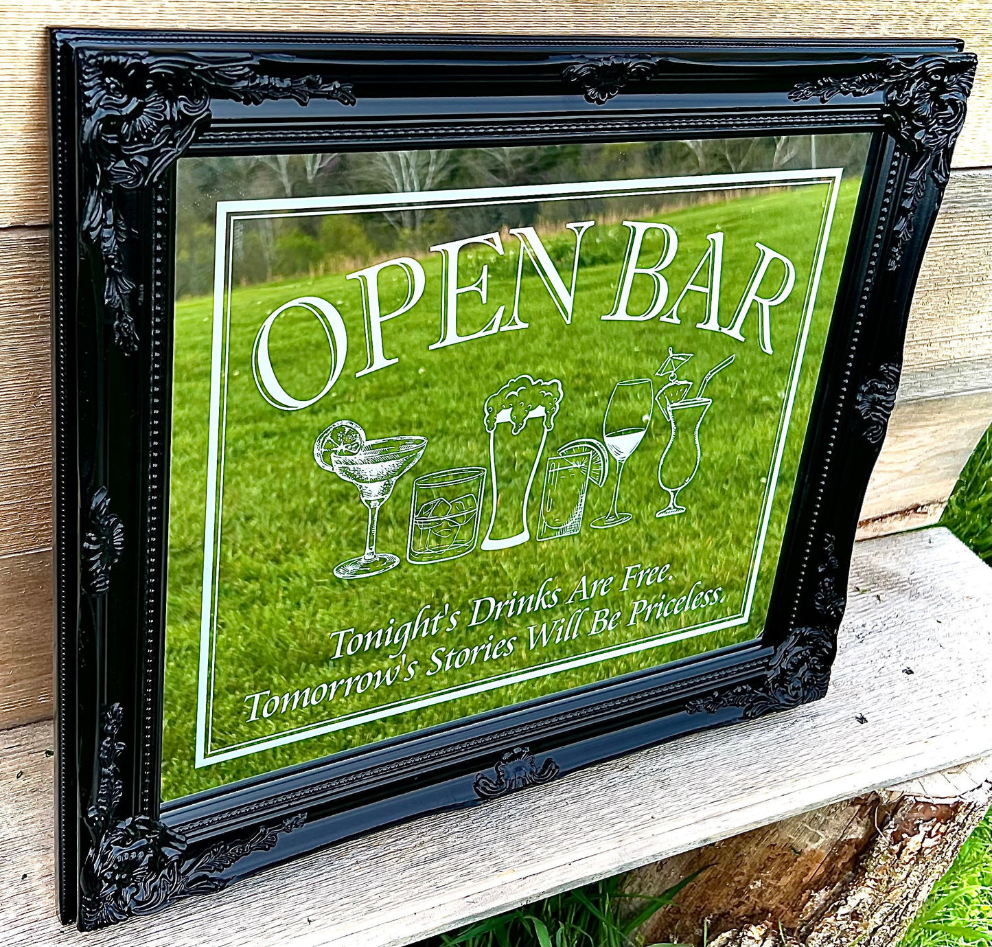 Custom Open Bar Mirror|Large Black Mirror|Ornate Wall Mirror|Custom Engraved Mirror|Etched Mirror|Home Bar Sign|16x20 Black Frame Mirror