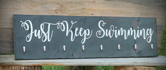 Hand Painted Rustic Grey Just Keep Swimming Sign|Farmhouse Towel Rack|Hanging Rustic Barnwood Hot Tub Sign|Pool Sign|Towel Hook Sign