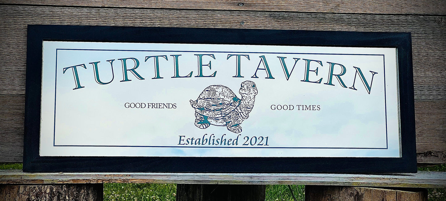 Custom Tavern Mirror|Large Mirror|Personalized Bar Mirror|Custom Engraved Mirror|Etched Bar Mirror|Custom Turtle Sign|Turtle Decor|12x36