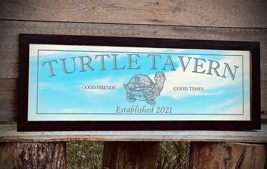 Custom Tavern Mirror|Large Mirror|Personalized Bar Mirror|Custom Engraved Mirror|Etched Bar Mirror|Custom Turtle Sign|Turtle Decor|12x36