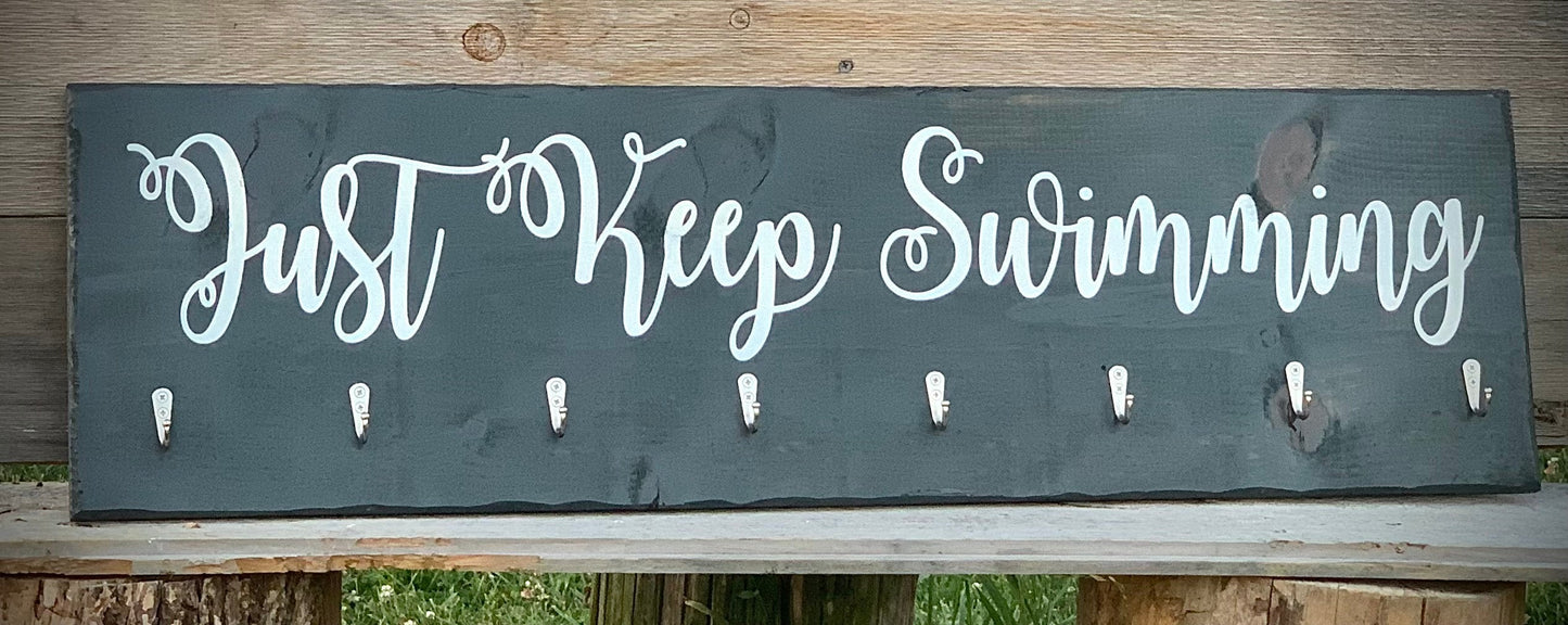 Hand Painted Rustic Grey Just Keep Swimming Sign|Farmhouse Towel Rack|Hanging Rustic Barnwood Hot Tub Sign|Pool Sign|Towel Hook Sign