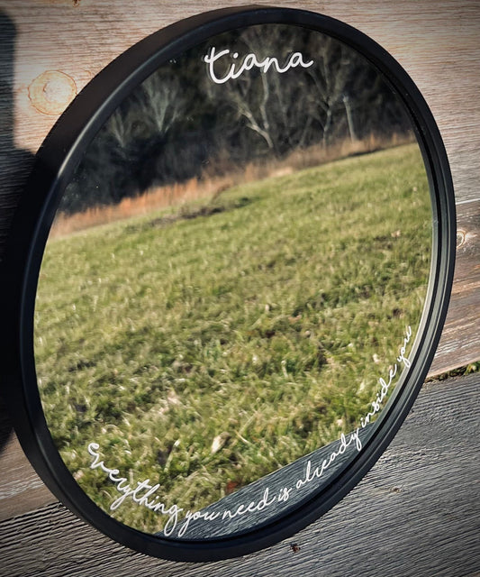 Personalized Round Black Metal Framed Mirror|Round Mirror|Custom Round Sign|Engraved Hand Written Mirror|Etched Mirror|Round 14”
