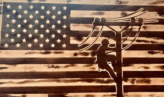 Hanging Laser Engraved American Flag Lineman|Engraved Flag|Wood Wall Decor|Keepsake Print|Farmhouse Sign