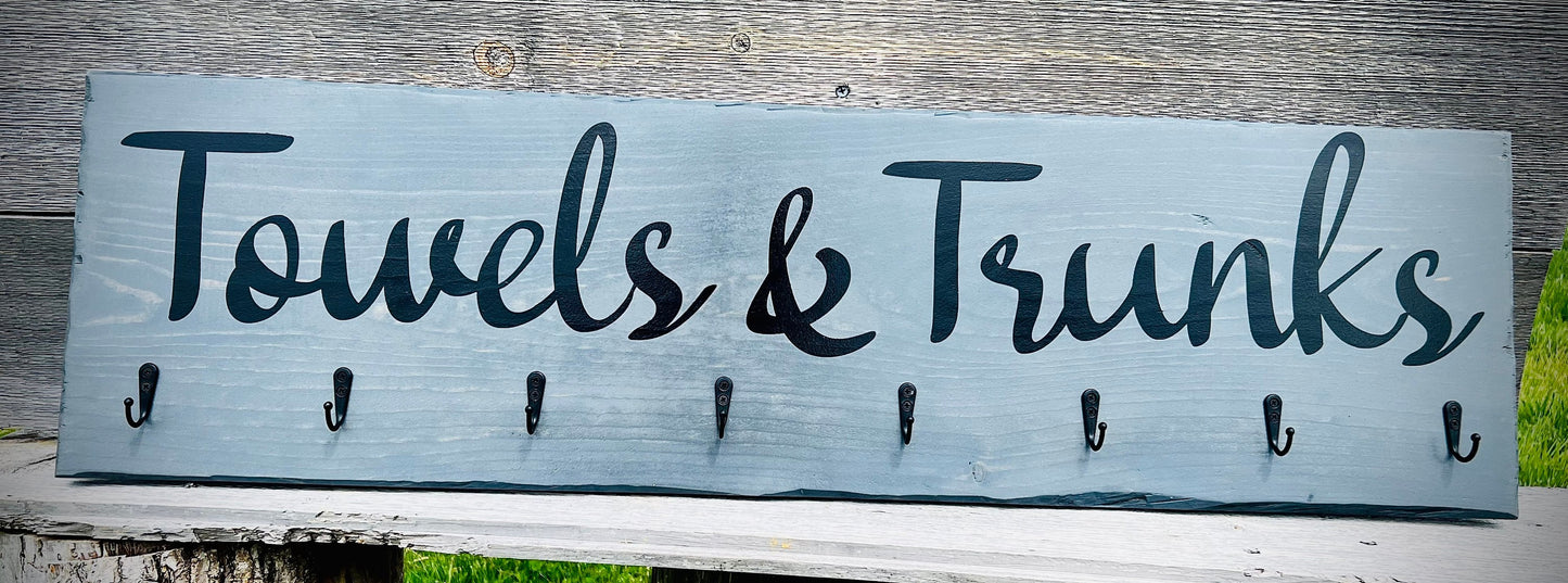 Hand Painted Rustic Grey Towel & Trunks Sign|Farmhouse Towel Rack|Distressed Hanging Rustic Barnwood Hot Tub Sign|Pool Sign|Towel Hook Sign