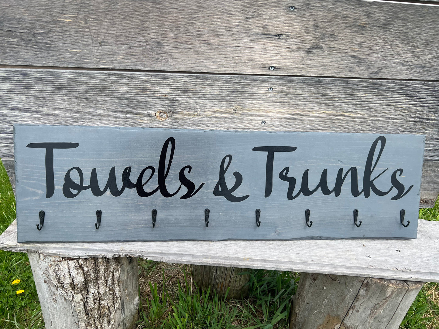 Hand Painted Rustic Grey Towel & Trunks Sign|Farmhouse Towel Rack|Distressed Hanging Rustic Barnwood Hot Tub Sign|Pool Sign|Towel Hook Sign