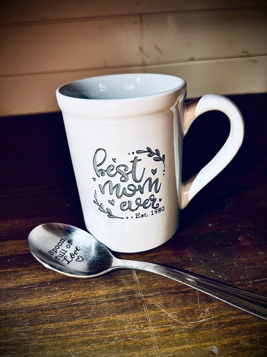 Laser Engraved Best Mom Est Mug with Custom Spoon|Engraved Coffee Mug|Ceramic Mug|Personalized Coffee Cup|Personalized Spoon