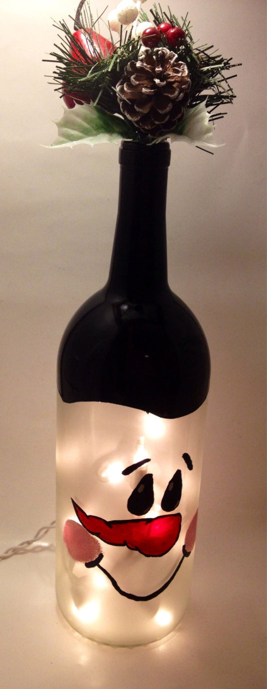 Olaf inspired wine bottle lamp
